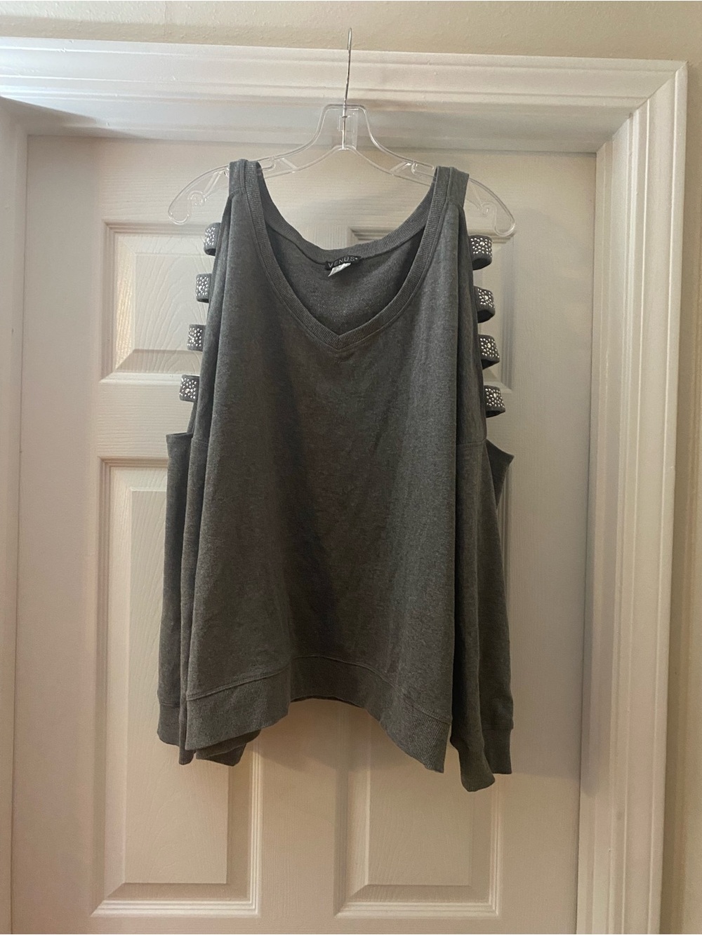 Venus. Women's Gray Cold-Shoulder V-Neck Sweatshirt. Rhinestone Detail. Pullover